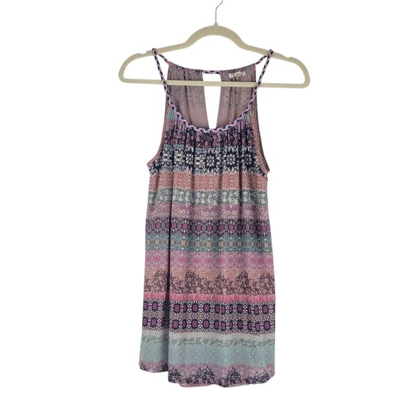 Spense Boho Tank Top Blouse Large Mixed Border Pattern Halter Braided Neck Lined - Picture 1 of 9